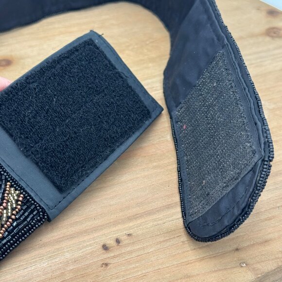 La Regale Fabric Beaded Black Gold Silver 2.25” WIDE Belt SZ S Hook Loop vintage - Picture 7 of 14
